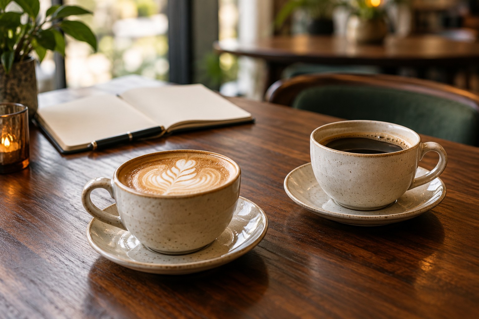 Two ceramic cups of coffee on a wooden table, ready for a conversation